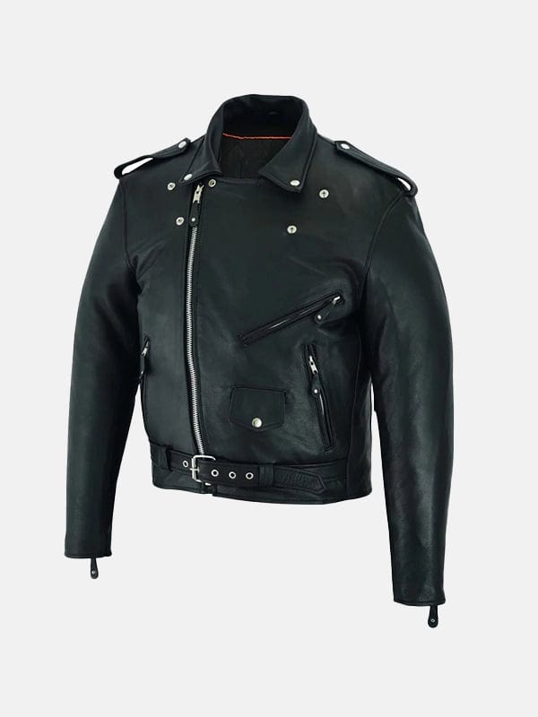 Men’s Belted Black Leather Motorcycle Jacket