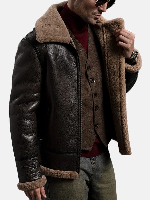 Men Brown Sheepskin B-3 Bomber Shearling Flight Jacket