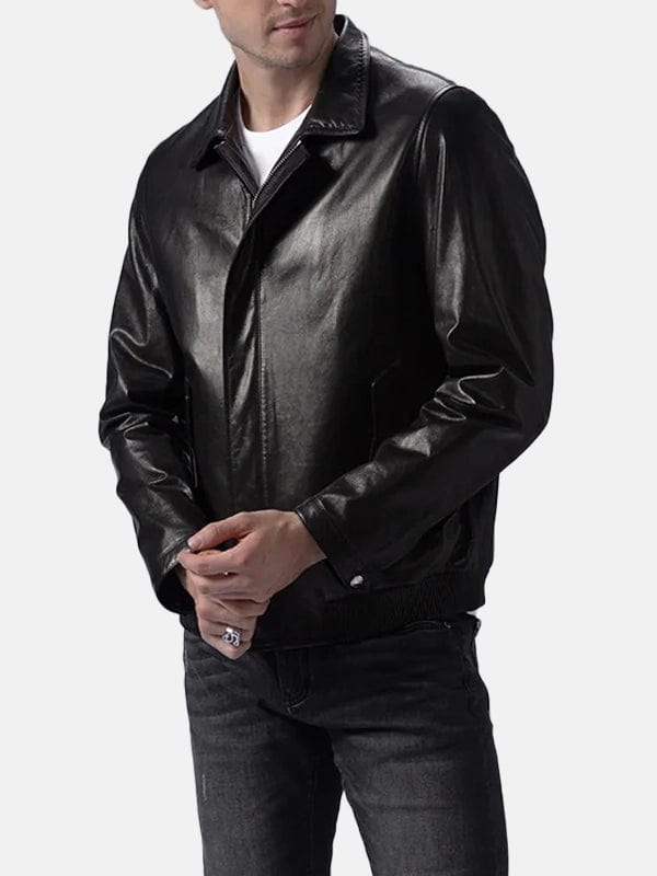 Men’s Turn Down Collar Black Leather Jacket