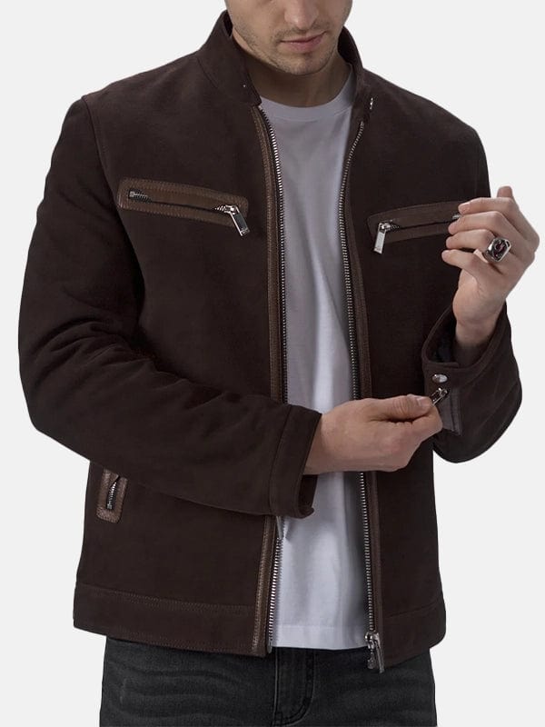 Men’s Brown Suede Leather Cafe Racer Jacket