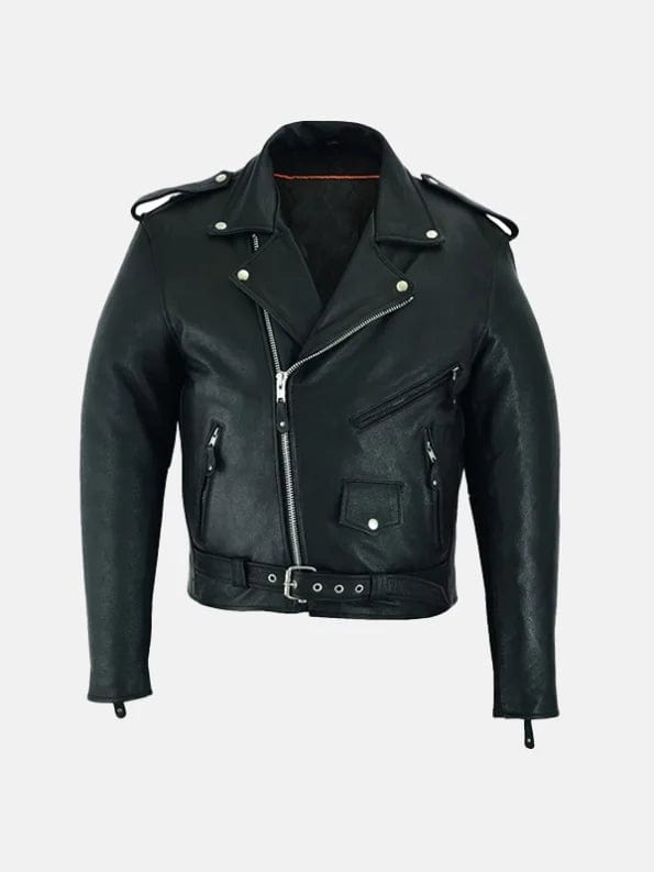 Men’s Belted Black Leather Motorcycle Jacket