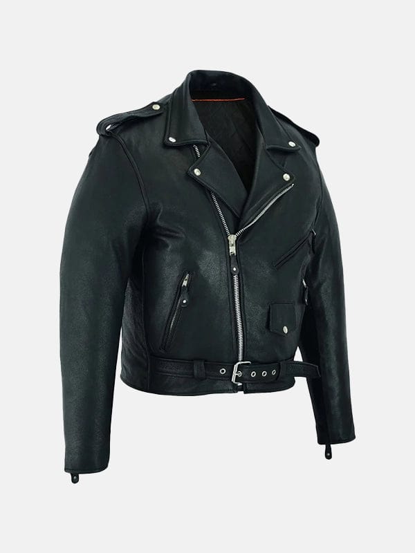 Men’s Belted Black Leather Motorcycle Jacket