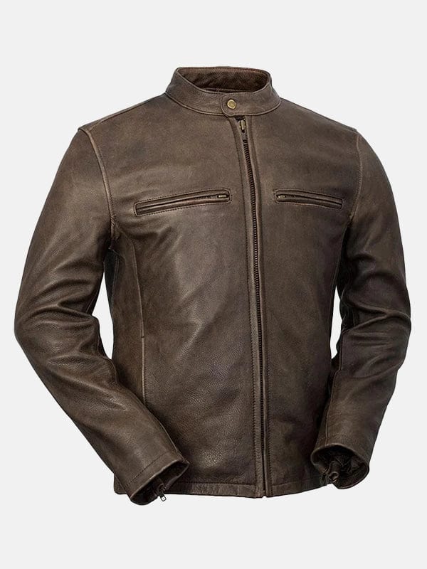 Mens Brown Snap Tab Collar Leather Jacket