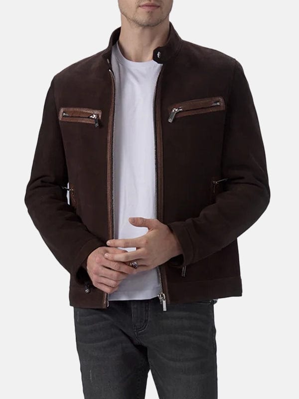 Men’s Brown Suede Leather Cafe Racer Jacket