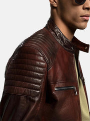 Men’s Reddish Brown Café Racer Leather Moto Jacket