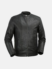 Men’s Snap Tab Collar Black Leather Jacket