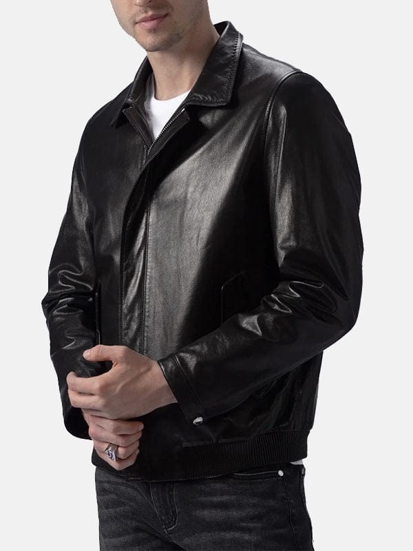 Men’s Turn Down Collar Black Leather Jacket