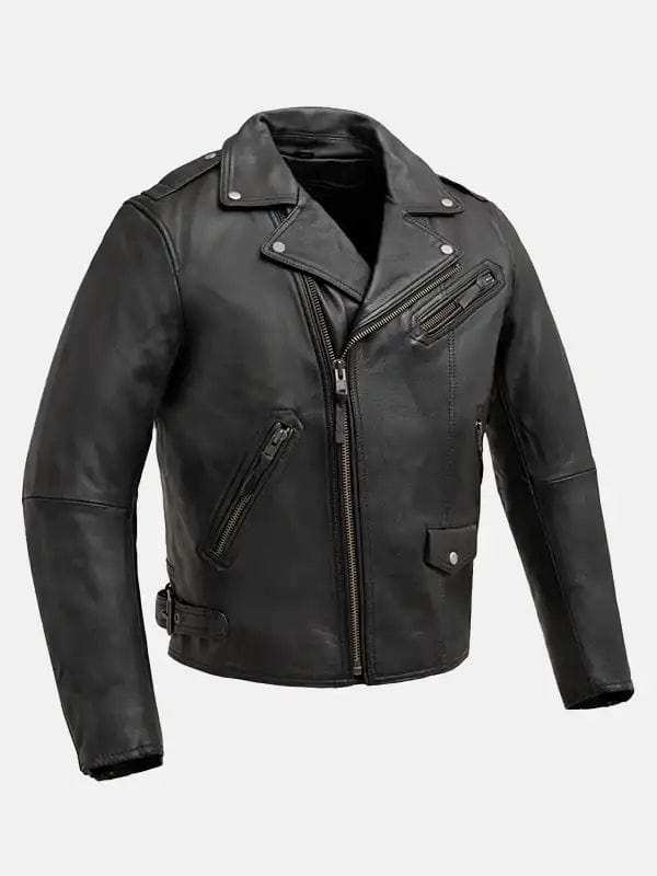 Men’s Zippered Chest Pocket Black Biker Leather Jacket