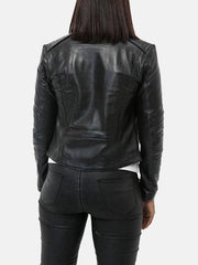 Women’s Snap Tab Collar Black Leather Jacket