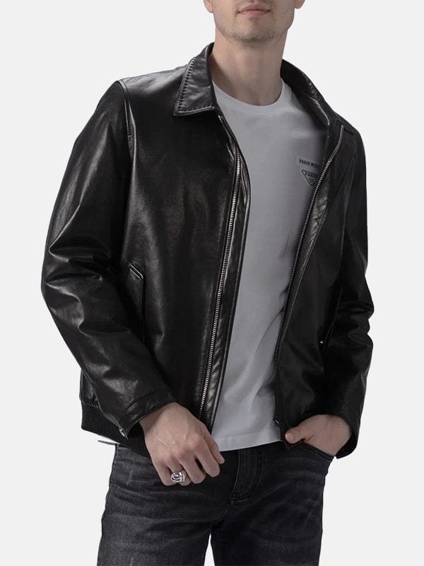 Men’s Turn Down Collar Black Leather Jacket