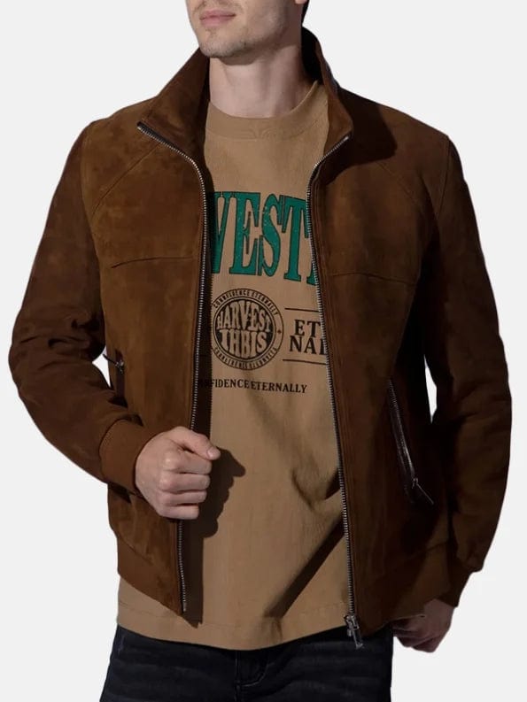 Men’s Vintage Suede Brown Leather Trucker Bomber Jacket