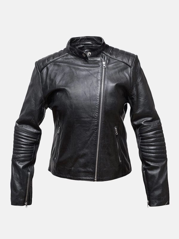 Women’s Snap Tab Collar Black Leather Jacket