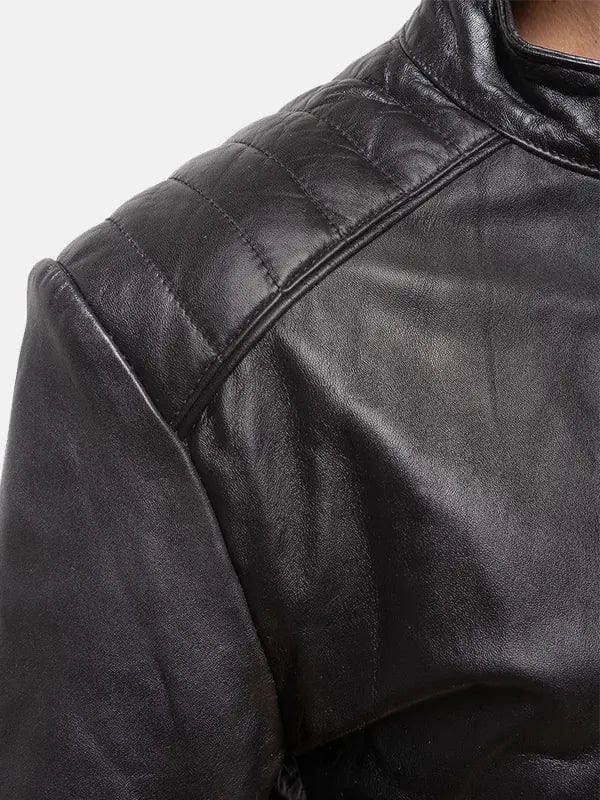 Women’s Snap Tab Collar Black Leather Jacket