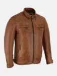 Men’s Cafe Racer Brown Motorcycle Leather Jacket Front