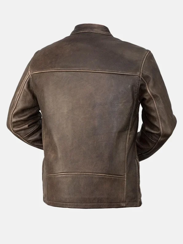 Men's Brown Snap Tab Collar Leather Jacket Back