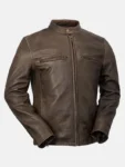 Mens Brown Snap Tab Collar Leather Jacket Front