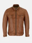 Men’s Cafe Racer Brown Motorcycle Leather Jacket Front