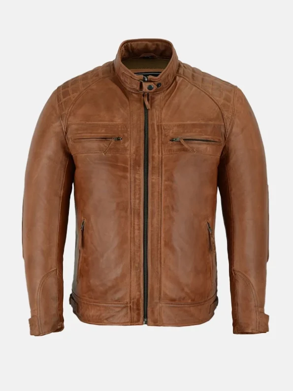 Men's Cafe Racer Brown Motorcycle Leather Jacket Front