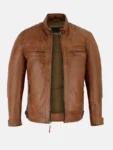 Men’s Cafe Racer Brown Motorcycle Leather Jacket Front