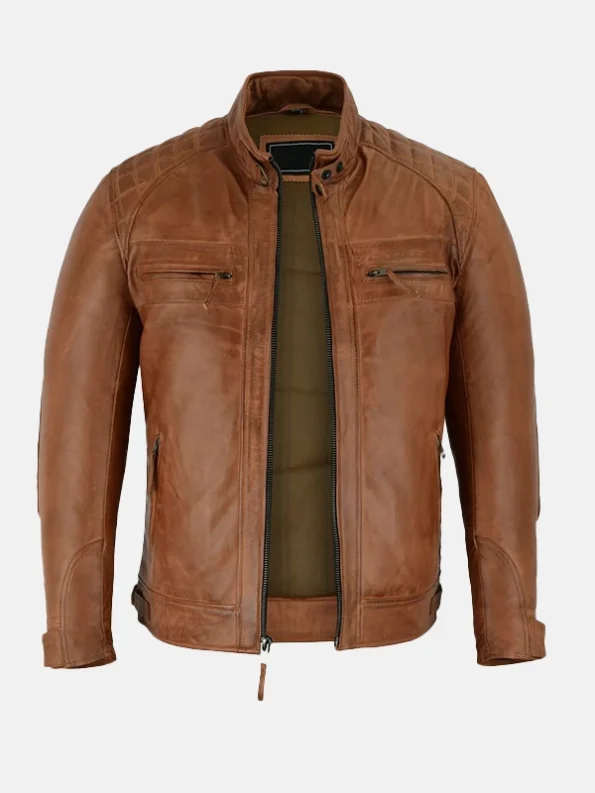 Men's Cafe Racer Brown Motorcycle Leather Jacket Front Open