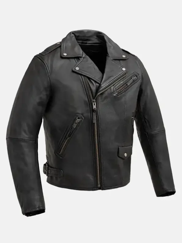 Men's Zippered Chest Pocket Black Biker Leather Jacket