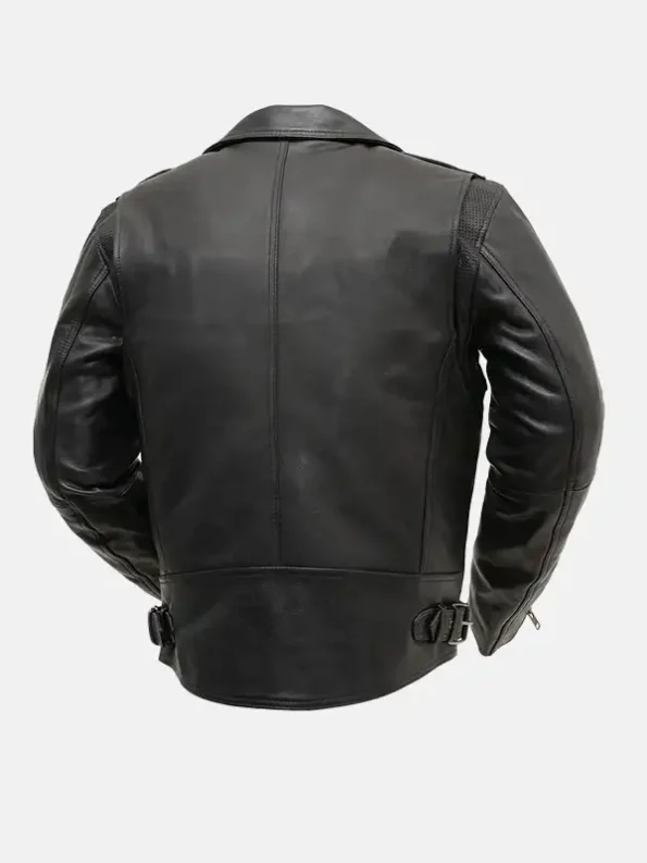 Men's Zippered Chest Pocket Black Biker Leather Jacket Back Pose