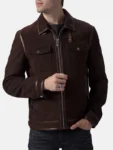 Men’s Brown Suede Trucker Casual Leather Jacket Front Open