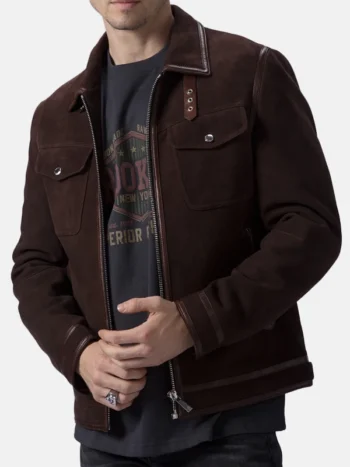 Brown Suede Trucker Style Casual Leather Jacket Men's