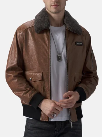 Men's Brown Leather Flight Jacket Front Open