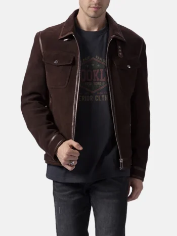 Men's Brown Suede Trucker Casual Leather Jacket Front Open