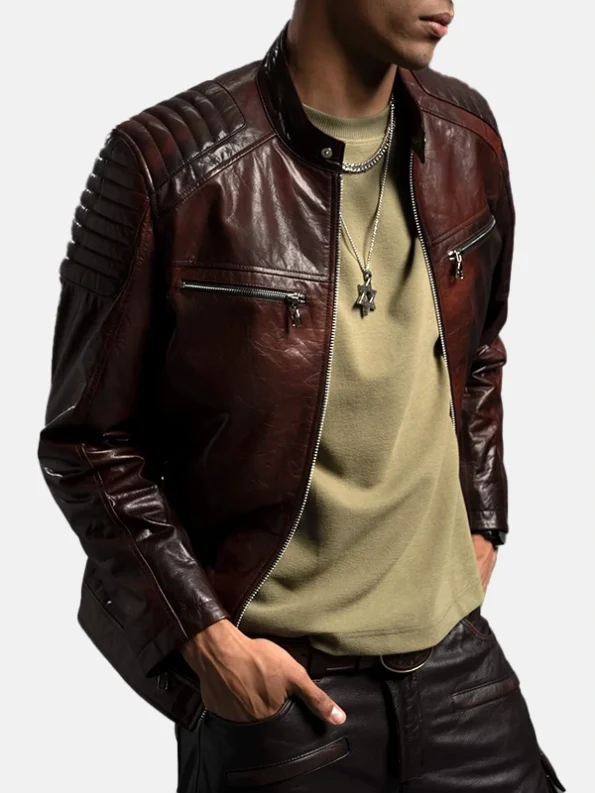 Men's Café Racer Reddish Brown Leather Jacket