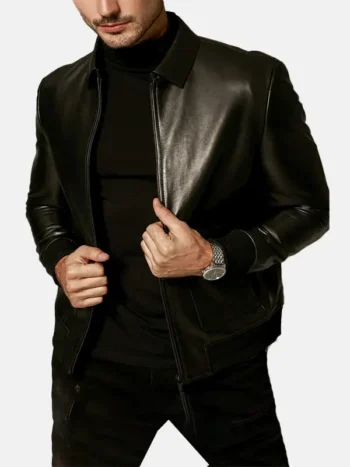 Men's Classic Black Leather Jacket Front Open