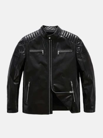 Men's Classic Black Leather Racer Jacket Front