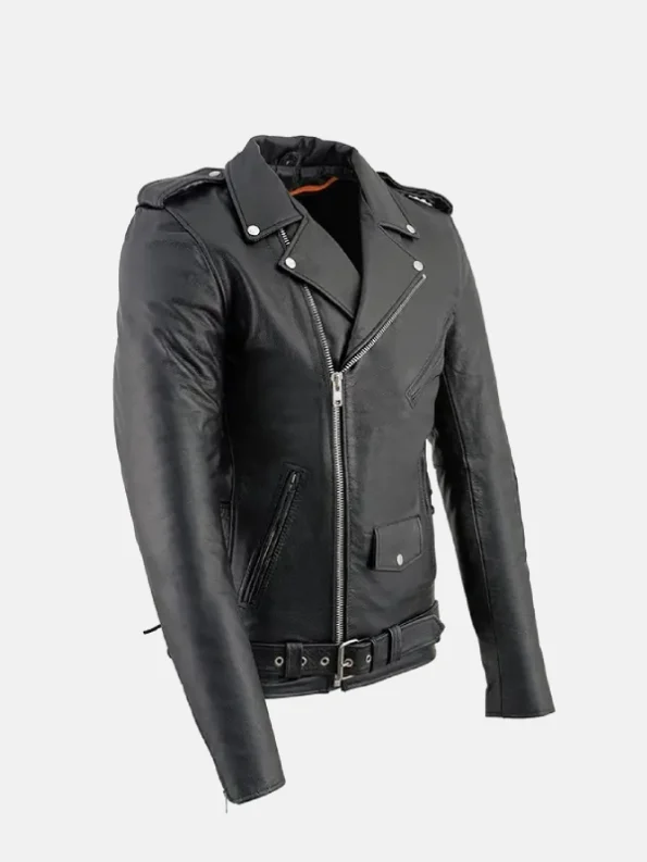 Men's Classic Police Biker Leather Jacket Right Side Pose