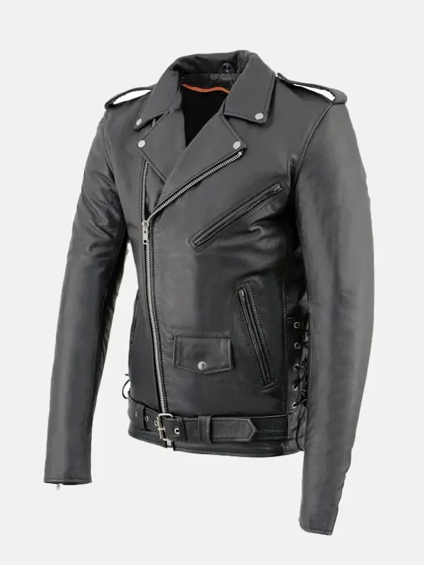 Men's Classic Police Style Biker Leather Jacket Left Side Pose