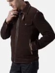 Men’s Brown Suede Trucker Casual Leather Jacket Front Open