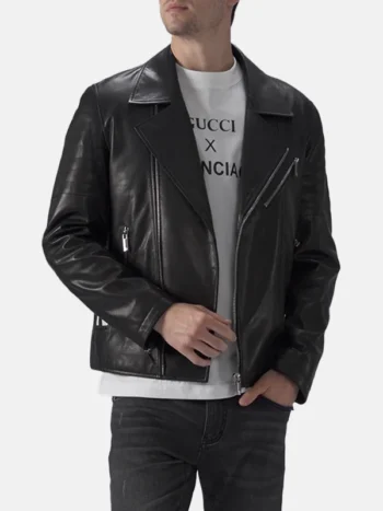 Men's Padded Black Leather Jacket Front