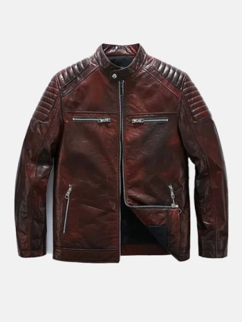 Men's Reddish Brown Café Racer Leather Moto Jacket Front