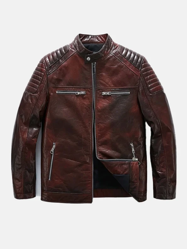 Men's Reddish Brown Café Racer Leather Moto Jacket Front