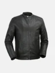 Men's Snap Tab Collar Black Leather Jacket Front