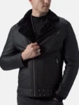 Men’s Studded Black Leather Jacket Front