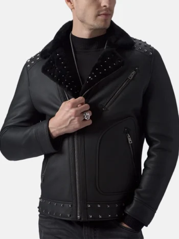 Men's Studded Black Leather Jacket Front