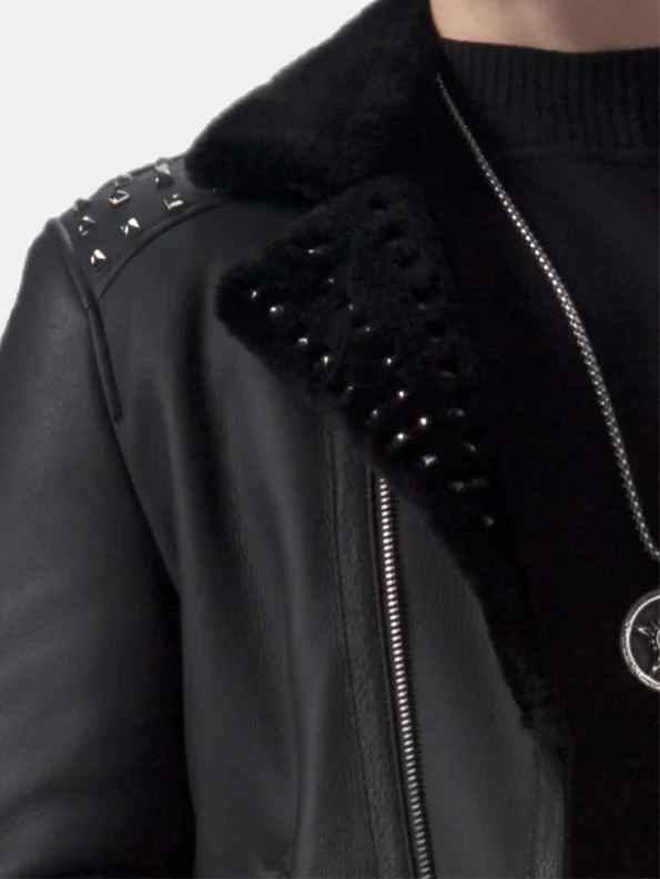 Men's Studded Black Leather Jacket Front Closure