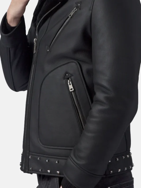 Men's Studded Black Leather Jacket Side Pose