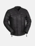 Men’s Utility Style Black Leather Biker Jacket Front