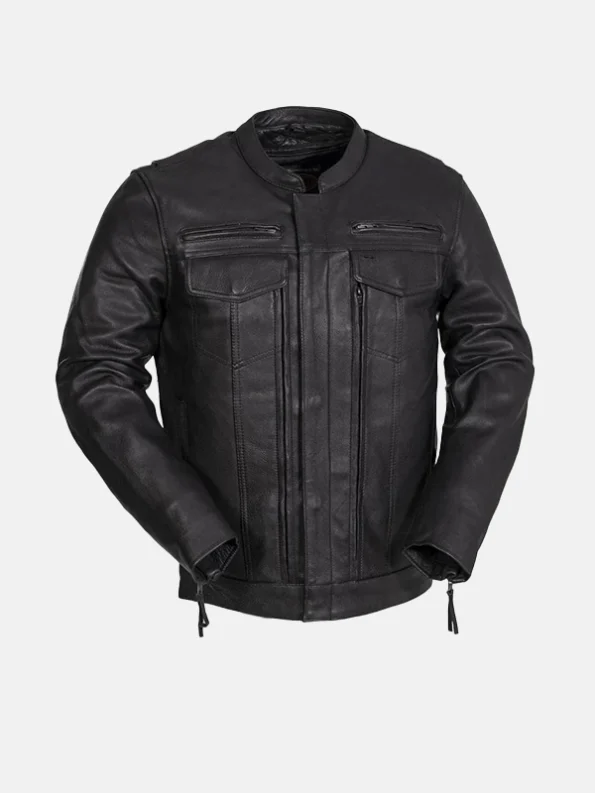 Men's Utility Style Black Leather Biker Jacket Front