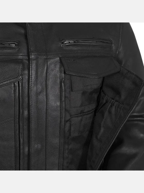 Men's Utility Style Black Leather Biker Jacket Front Close Up