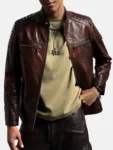 Men’s Reddish Brown Café Racer Leather Moto Jacket Front