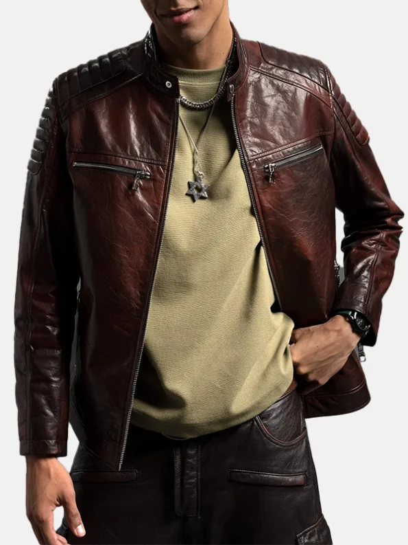 Reddish Brown Café Racer Leather Moto Jacket Men's