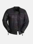 Men’s Utility Style Black Leather Biker Jacket Front